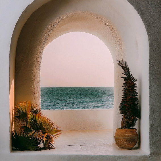 Bild durch ein Fenster aufs Meer